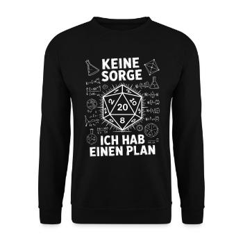 Keine Sorge, ich habe einen Plan – D20-Würfel Desi - Unisex Pullover - Schwarz - Vorne - Alina (178cm) & Michal (187cm)