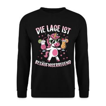 Die Lage Ist Besäufniserregend Einhorn Party - Unisex Pullover - Schwarz - Vorne - Alina (178cm) & Michal (187cm)