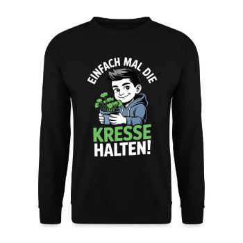 Einfach mal die Kresse halten – Wortspiel - Unisex Pullover - Schwarz - Vorne - Alina (178cm) & Michal (187cm)