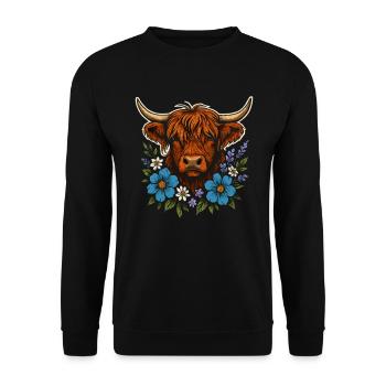 Highland-Kuh mit Blumenkranz – Landleben Stil - Unisex Pullover - Schwarz - Vorne - Alina (178cm) & Michal (187cm)