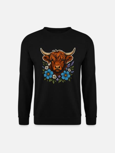 Highland-Kuh mit Blumenkranz – Landleben Stil - Unisex Pullover - Schwarz