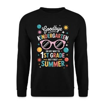 Tschüss Kindergarten Sommer Spruch - Unisex Pullover - Schwarz - Vorne - Alina (178cm) & Michal (187cm)