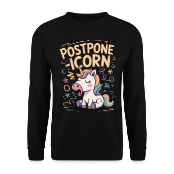 Postpone-Icorn Lustiges Prokrastination Einhorn - Unisex Pullover - Schwarz - Vorne - Alina (178cm) & Michal (187cm)