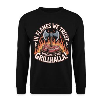 Barbecue - Welcome to Grillhalla - Unisex Sweatshirt - black - Front - Alina (178cm) & Michal (187cm)