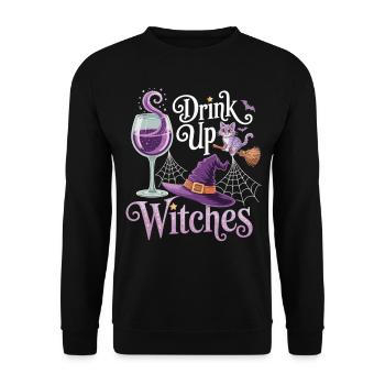 Hexenparty mit Stil – T-Shirt mit Katze & Wein - Unisex Pullover - Schwarz - Vorne - Alina (178cm) & Michal (187cm)