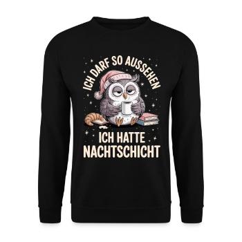 Nachtschicht Nachtdienst Krankenschwester Eule - Unisex Pullover - Schwarz - Vorne - Alina (178cm) & Michal (187cm)