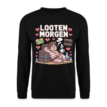 Looten Morgen – Gamer Schlafanzug Shirt - Unisex Pullover - Schwarz - Vorne - Alina (178cm) & Michal (187cm)