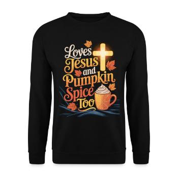 Liebt Jesus und Pumpkin Spice – Herbstshirt - Unisex Pullover - Schwarz - Vorne - Alina (178cm) & Michal (187cm)