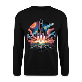 Stylischer Weltraumflug mit Rakete - Unisex Pullover - Schwarz - Vorne - Alina (178cm) & Michal (187cm)