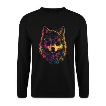 Cooler Wolf in Regenbogenfarben und Sonnenbrille - Unisex Pullover - Schwarz - Vorne - Alina (178cm) & Michal (187cm)