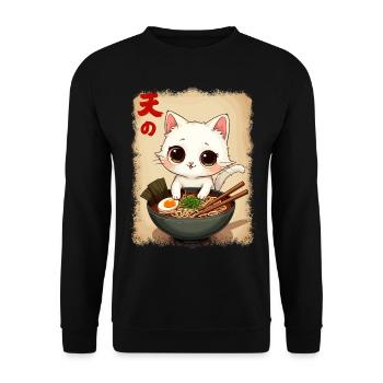 Katze, Ramen, Japanische Nudeln, Lustiges Kawaii - Unisex Pullover - Schwarz - Vorne - Alina (178cm) & Michal (187cm)