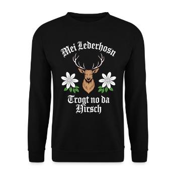 Mei lederhosen trogt no da hirsch - Unisex Pullover - Schwarz - Vorne - Alina (178cm) & Michal (187cm)