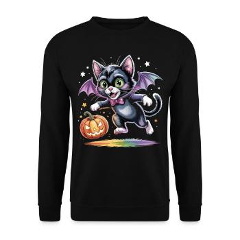 Fledermaus-Katze mit Kürbis - Unisex Pullover - Schwarz - Vorne - Alina (178cm) & Michal (187cm)