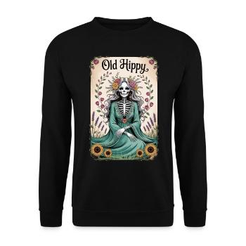 Old Hippy Skelett Blumen Tarot Shirt - Unisex Pullover - Schwarz - Vorne - Alina (178cm) & Michal (187cm)