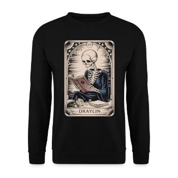 DRAYLIN Skelett mit Buch Tarot Karte - Unisex Pullover - Schwarz - Vorne - Alina (178cm) & Michal (187cm)
