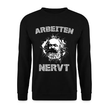 Lustiges T-Shirt: Arbeiten Nervt Arbeitszeitbetrug - Unisex Pullover - Schwarz - Vorne - Alina (178cm) & Michal (187cm)
