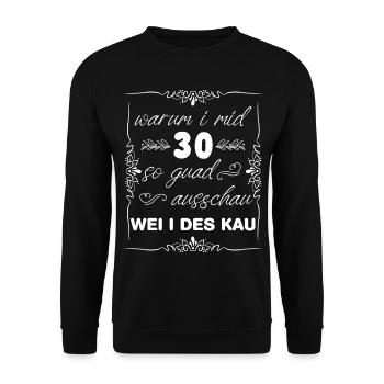 warum i mid 30 so guad ausschau WEI I DES KAU - Unisex Pullover - Schwarz - Vorne - Alina (178cm) & Michal (187cm)