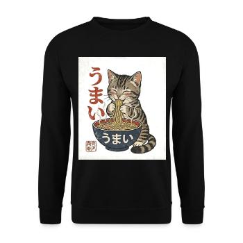 Kawaii Cat Eats Ramen – Umai Japan Retro - Unisex Sweatshirt - black - Front - Alina (178cm) & Michal (187cm)