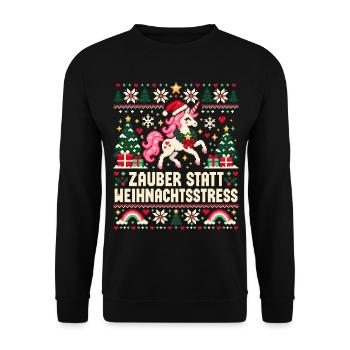 Einhorn - Zauber statt Weihnachtsstress - Unisex Pullover - Schwarz - Vorne - Alina (178cm) & Michal (187cm)