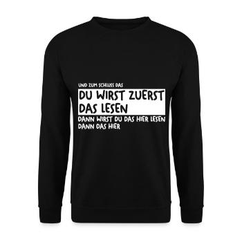 Du wirst zuerst das lesen - Unisex Pullover - Schwarz - Vorne - Alina (178cm) & Michal (187cm)
