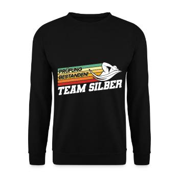 Silber Schwimmer Prüfung Silber Schwimmabzeichen - Unisex Pullover - Schwarz - Vorne - Alina (178cm) & Michal (187cm)