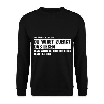 Du wirst zuerst das lesen - Unisex Pullover - Schwarz - Vorne - Alina (178cm) & Michal (187cm)