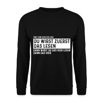 Du wirst zuerst das lesen - Unisex Pullover - Schwarz - Vorne - Alina (178cm) & Michal (187cm)