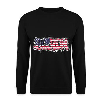 Boston Graffiti-Kunst - Urbaner Stil mit USA Fahne - Unisex Pullover - Schwarz - Vorne - Alina (178cm) & Michal (187cm)