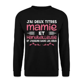 Zwei Titel Oma Handballerin, Handball, Großmutter - Unisex Pullover - Schwarz - Vorne - Alina (178cm) & Michal (187cm)
