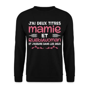 Zwei Granny Rugbywoman-Titel | Oma, Rugby - Unisex Pullover - Schwarz - Vorne - Alina (178cm) & Michal (187cm)