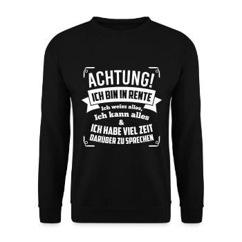 Achtung Rente 2019 Arbeit Ruhestand Ich weiß alles - Unisex Pullover - Schwarz - Vorne - Alina (178cm) & Michal (187cm)