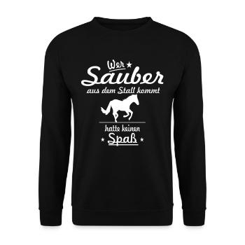 Wer sauber aus dem Stall kommt Pferde Spruch - Unisex Pullover - Schwarz - Vorne - Alina (178cm) & Michal (187cm)