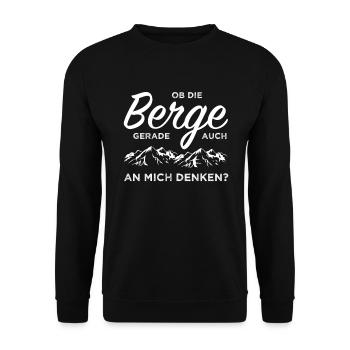 Wander Spruch Ob die Berge auch an mich denken - Unisex Pullover - Schwarz - Vorne - Alina (178cm) & Michal (187cm)