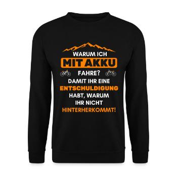 Warum ich mit Akku fahre? Lustiger e-Biker Spruch - Unisex Pullover - Schwarz - Vorne - Alina (178cm) & Michal (187cm)