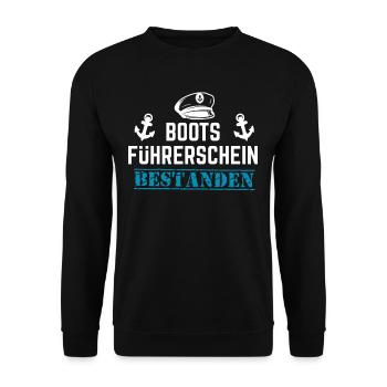 Bootsführerschein bestanden Spruch Kapitän Boot - Unisex Pullover - Schwarz - Vorne - Alina (178cm) & Michal (187cm)