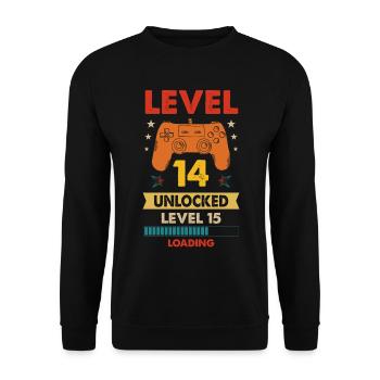 Level 14 unlocked 14. Geburtstag Gamer Geschenk - Unisex Pullover - Schwarz - Vorne - Alina (178cm) & Michal (187cm)