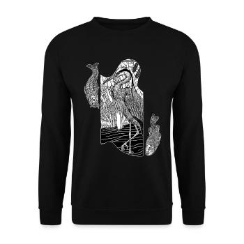 Angeln am See, Reiher im Schilf mit Fischen - Unisex Pullover - Schwarz - Vorne - Alina (178cm) & Michal (187cm)
