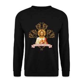 Jesus Christus, Flammendes Herz, Glaube - Unisex Pullover - Schwarz - Vorne - Alina (178cm) & Michal (187cm)
