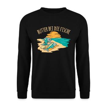 Butter bei die Fische Plattdeutsch Spruch - Unisex Pullover - Schwarz - Vorne - Alina (178cm) & Michal (187cm)