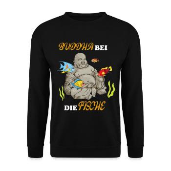 Buddha bei die Fische Plattdeutsch Spruch - Unisex Pullover - Schwarz - Vorne - Alina (178cm) & Michal (187cm)