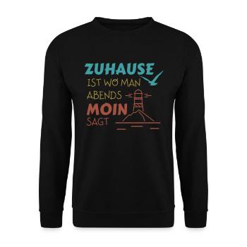 Zuhause Moin Leuchtturm Möwe Nordsee Meer Vintage - Unisex Pullover - Schwarz - Vorne - Alina (178cm) & Michal (187cm)
