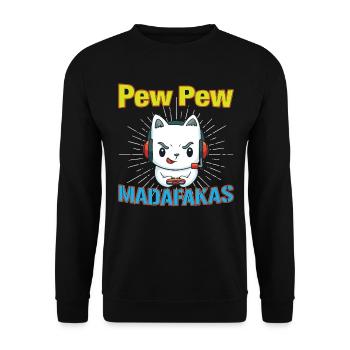 Pew Pew Funny Cat - Unisex Pullover - Schwarz - Vorne - Alina (178cm) & Michal (187cm)