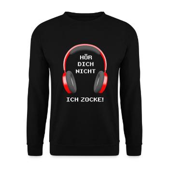 Ich höre dich nicht ich zocke Spruch mit Kopfhörer - Unisex Pullover - Schwarz - Vorne - Alina (178cm) & Michal (187cm)