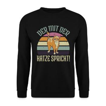 Katzenpapa der mit der Katze spricht Katzenhalter - Unisex Pullover - Schwarz - Vorne - Alina (178cm) & Michal (187cm)