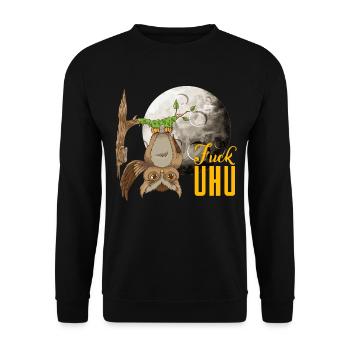 Eule mit Klebstoff Nachteule bzw Uhu Spruch Eulen - Unisex Pullover - Schwarz - Vorne - Alina (178cm) & Michal (187cm)