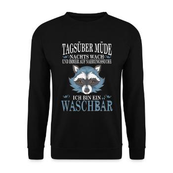 Tagsüber Müde Nachts Wach ich bin ein Waschbär - Unisex Pullover - Schwarz - Vorne - Alina (178cm) & Michal (187cm)