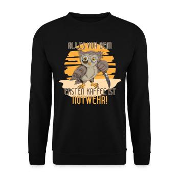 Alles Vor Dem Ersten Kaffee ist Notwehr Eule - Unisex Pullover - Schwarz - Vorne - Alina (178cm) & Michal (187cm)