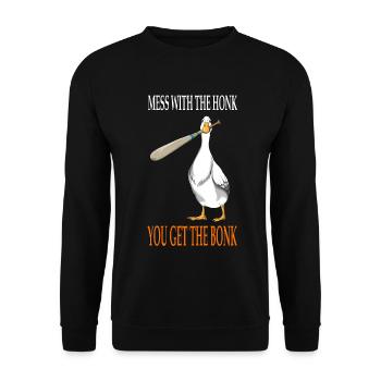 Mess with the Honk Gänsespiel Gamer Holzkeule - Unisex Pullover - Schwarz - Vorne - Alina (178cm) & Michal (187cm)