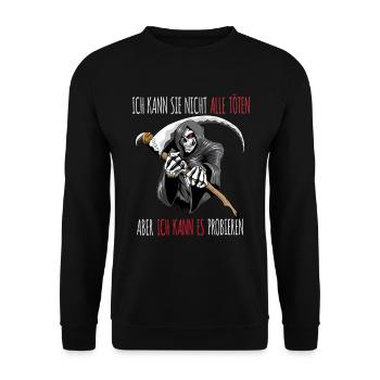 Sensenmann Tot Lustiger Spruch Ironie Sense Spaß - Unisex Pullover - Schwarz - Vorne - Alina (178cm) & Michal (187cm)