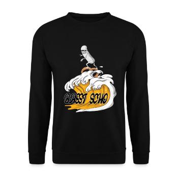 Hefeweizen Welle mit Surfende Weißwurst basst scho - Unisex Pullover - Schwarz - Vorne - Alina (178cm) & Michal (187cm)